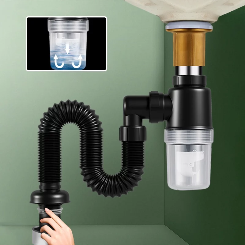 Drain Pipe,Bathroom-Sink-Drainage-Kit,Bathroom Sink Expansion Pipe,Washbasin Extension Pipe,Down Pipe Trap Pipe for Kitchen Bathroom,Restroom Black - Image 2